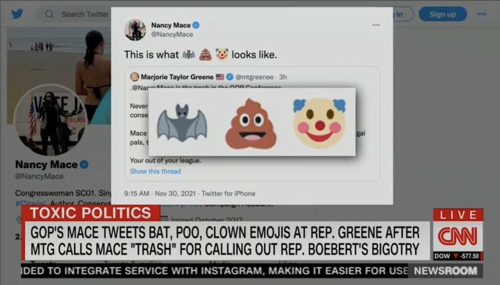 Nancy Mace Tweets Emojis, Calling Greene 'Bat—- Crazy'